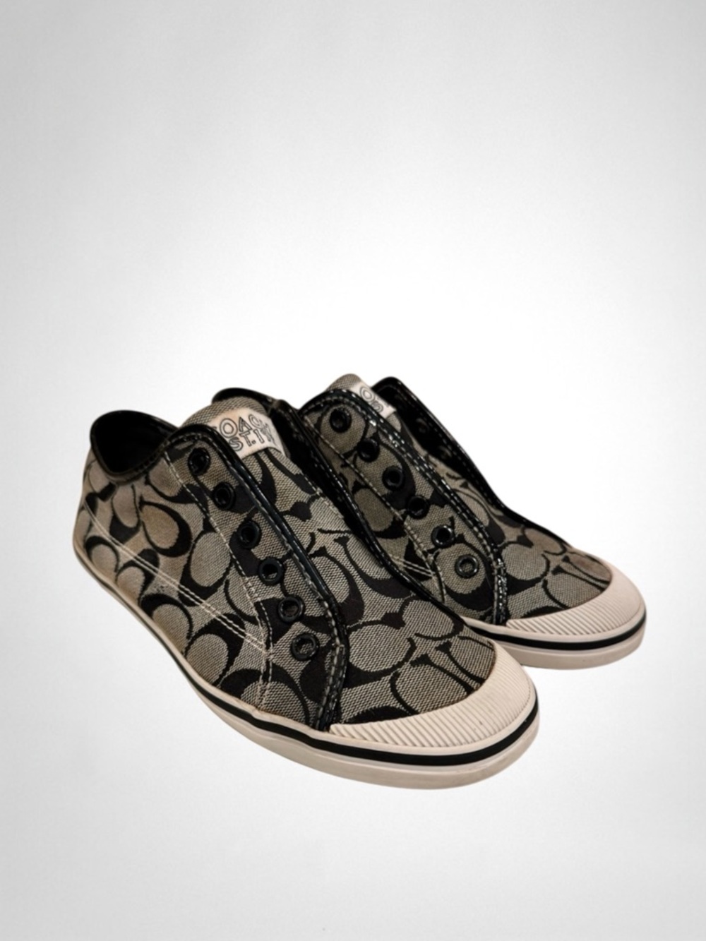 Coach Kira Laceless Slip On Sneakers Jacquard Black White Logo